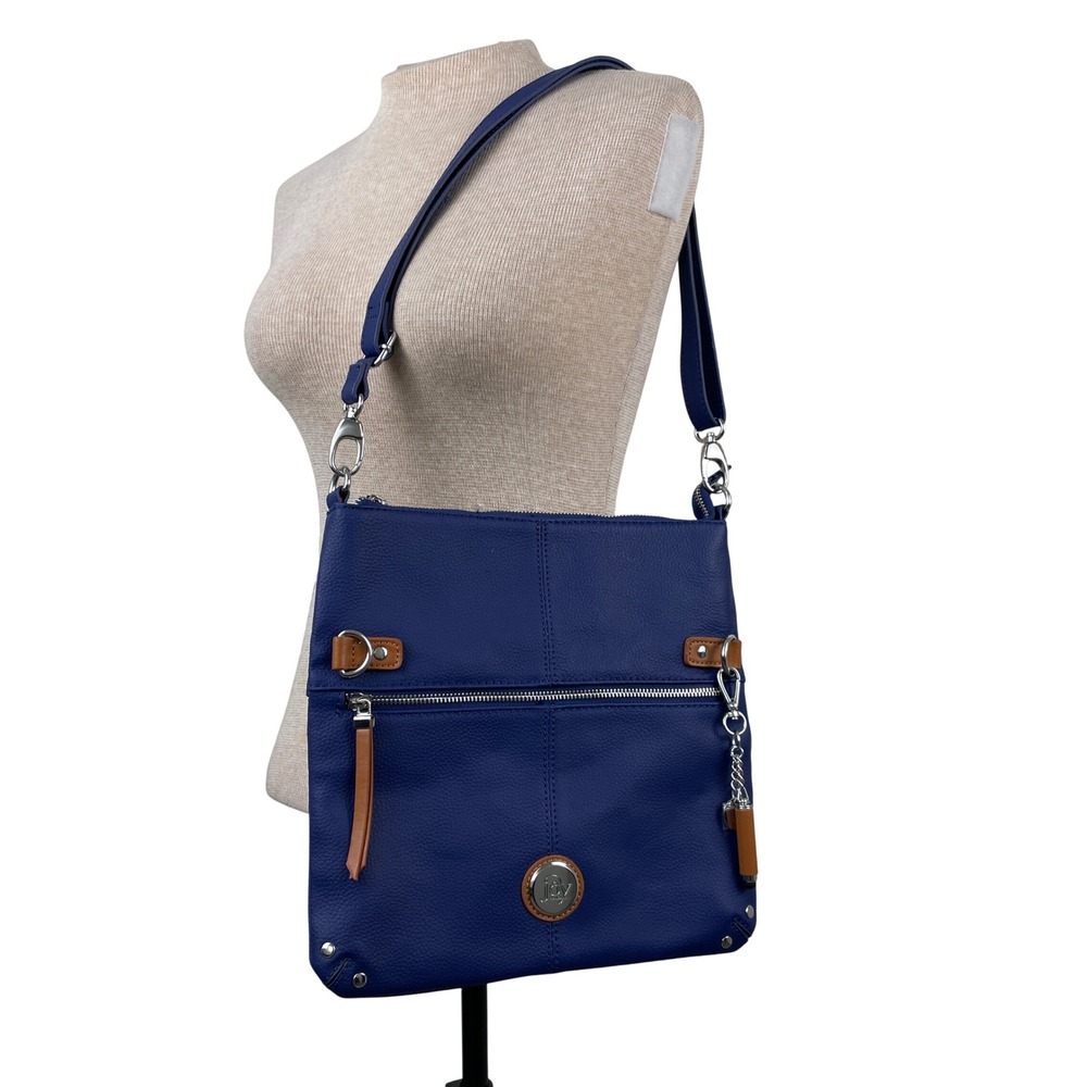 Joy‎ Mangano Blue Pebbled Leather Crossbody Messenger Bag with Stylus Charm